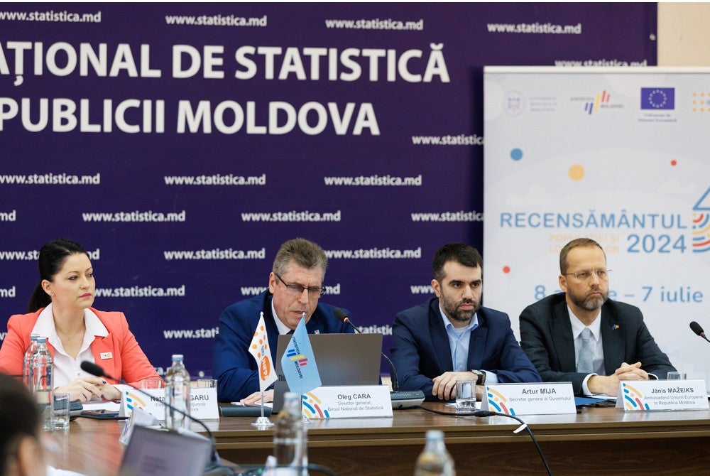 Launch of the preliminary results of the 2024 Population and Housing Census in the Republic of Moldova. In the presidium at the table is the director of the NBS, with the participation of government representatives and international partners.