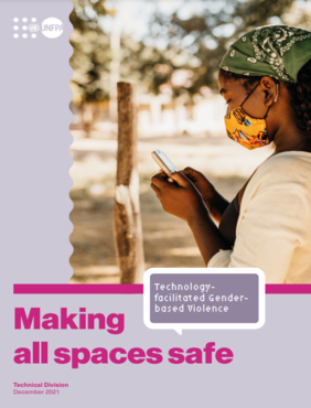 Publication cover which includes the title, UNFPA logo and a girl using her smartphone