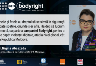 Baner cu citatul reprezentantei rezidente a UNFPA Moldova, Nigina Abaszada