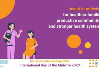 Graphic banner which says to invest in midwives for healthier families, productive communities and stronger health systems.