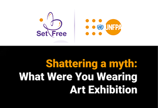 Cover of the slideshow with the title "Shuttering a myth: What were you wearing Art Exhibition"