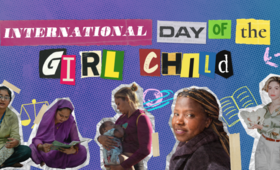 5 fete de naționalitate diferită și textul „Ziua Internațională a Fetei Adolescente”
