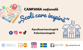Baner cu campania națională „Școli care inspiră” cu logo-urile partenerilor