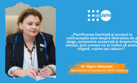 Baner cu citatul reprezentantei rezidente a UNFPA Moldova, Nigina Abaszada