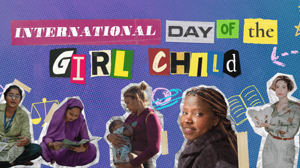 5 girls of different nationalities and text „International Day of the Girl Child”