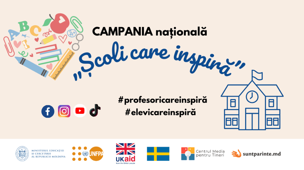 Baner cu campania națională „Școli care inspiră” cu logo-urile partenerilor