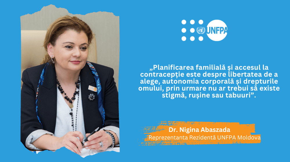 Baner cu citatul reprezentantei rezidente a UNFPA Moldova, Nigina Abaszada